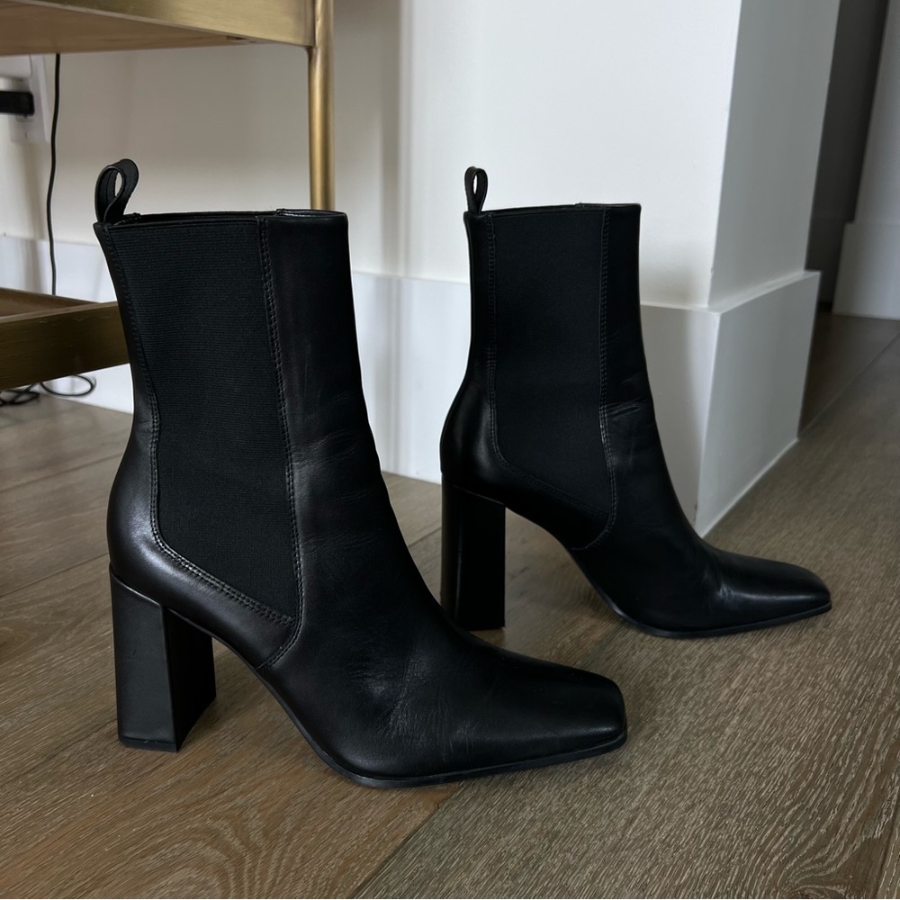 Zara Black Leather Block Heel Ankle Boots